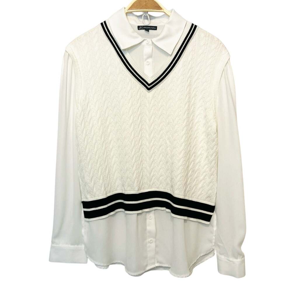 Adrianna Papell Ivory White Button Collared Knit Sweater Vest Blouse Top Medium